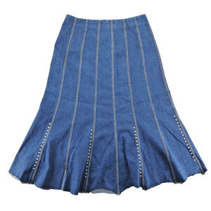 Reba Denim Gored Maxi Skirt Size 14 Rhinestone Studded Flare Long Jean Skirt